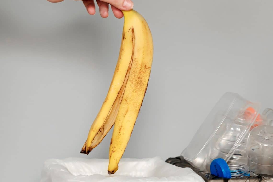 Bananenschale über Mülleimer
